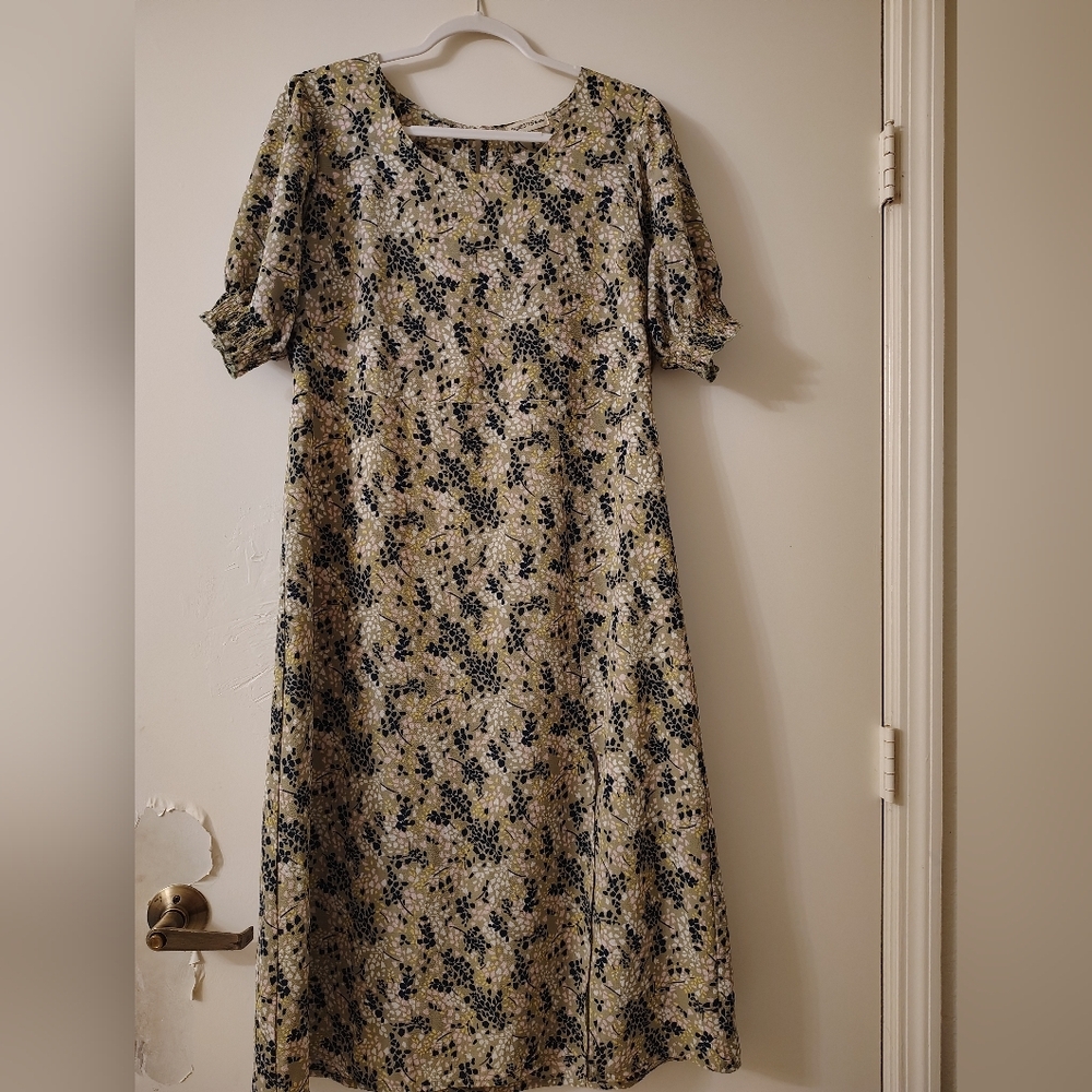 Midi A-Line Dress in Olive and Navy Floral - Picture 1 of 4